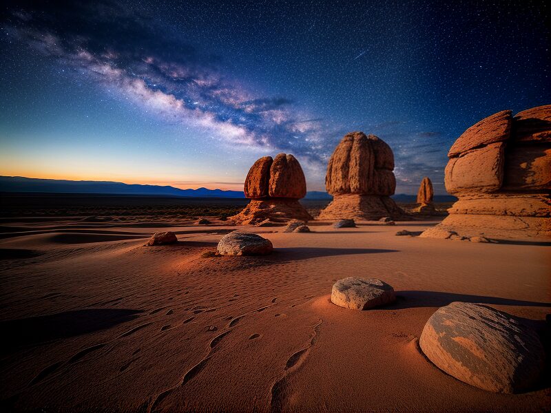 Image of the Milkyway Galaxy with red rocks in the background. The stars are dispersed across the image.